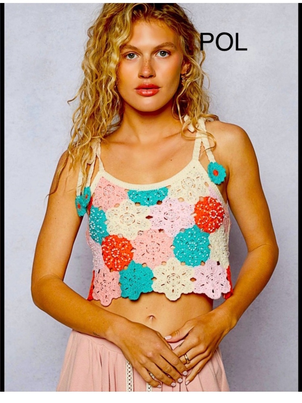 POL Crochet Floral Tie-Shoulder Crop Top  W/ Beaded Embellishment